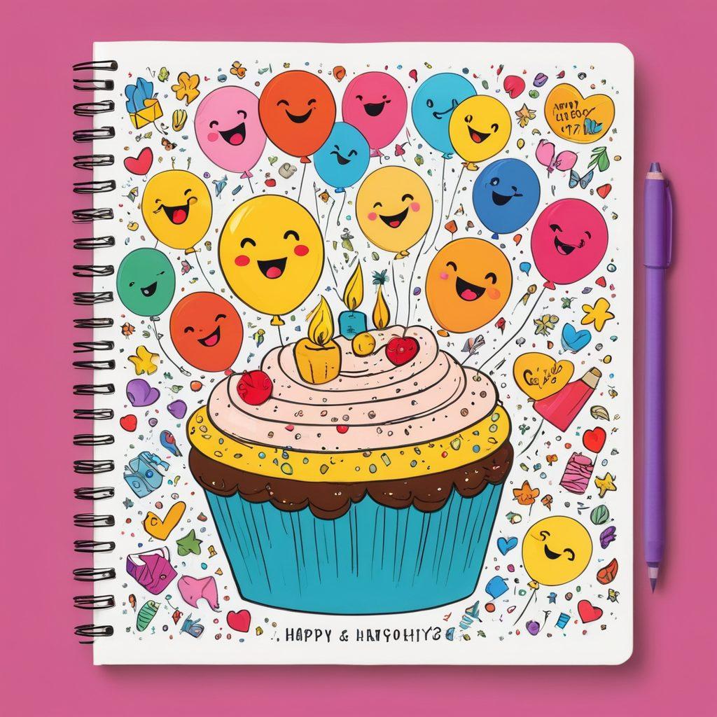 A colorful digital journal open to a page celebrating a 16th birthday, filled with doodles, emojis, and photographs of friends and fun moments. Include birthday cakes, balloons, and sparkles surrounding the journal. The background should be bright and festive, embodying the spirit of celebration and nostalgia. Highlight elements of social media and technology, like hashtags and digital stickers. vibrant colors. joyful style.