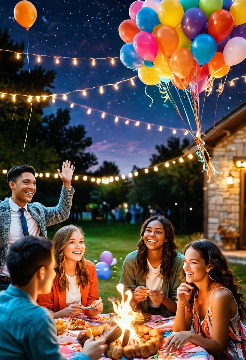A vibrant collage showcasing diverse youthful celebrations, featuring an outdoor birthday party with balloons, a colorful graduation ceremony, friends sharing a picnic in a sunlit park, and a cozy bonfire night under the stars. Focus on joyful expressions, sparkling lights, and intricate decorations that capture the essence of memorable milestones. surrealistic. bright colors. dynamic composition.