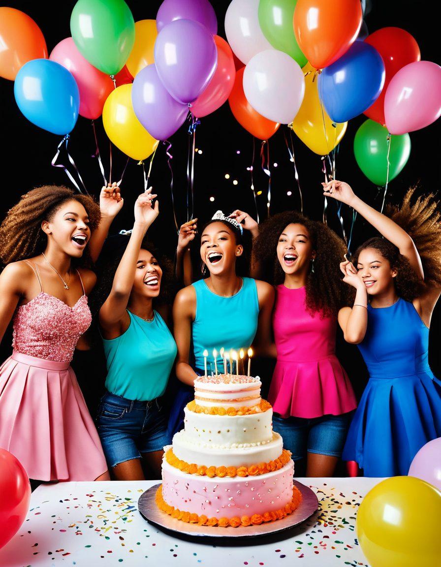 A vibrant celebration scene featuring a glamorous sweet sixteen birthday party. Include a beautifully decorated cake, colorful balloons floating in the air, and a group of diverse teens joyfully dancing together. Capture the essence of youthful energy and memorable moments with bright lights and dynamic poses. Background elements should reflect a blog setting with playful digital devices and cheerful blog posts around. super-realistic. vibrant colors. 3D.